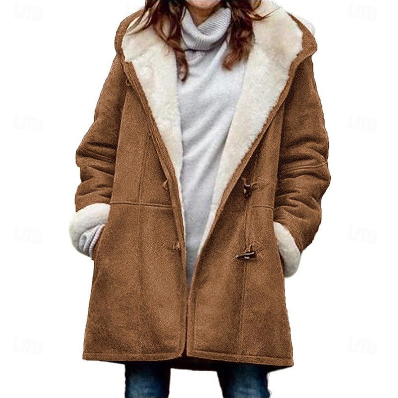 Womens winter coat in Khaki with sherpa lined hood and toggles