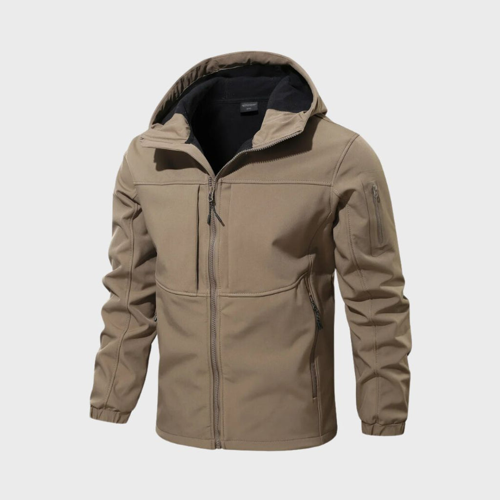 Mens softshell jacket in Khaki with attached hood and chest zip pocket