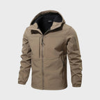 Mens softshell jacket in Khaki with attached hood and chest zip pocket