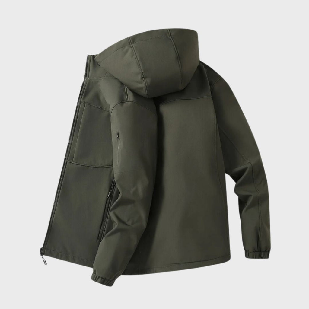 Softshell jacket in Olive, back view with hood