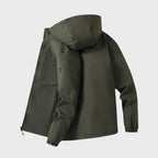 Softshell jacket in Olive, back view with hood