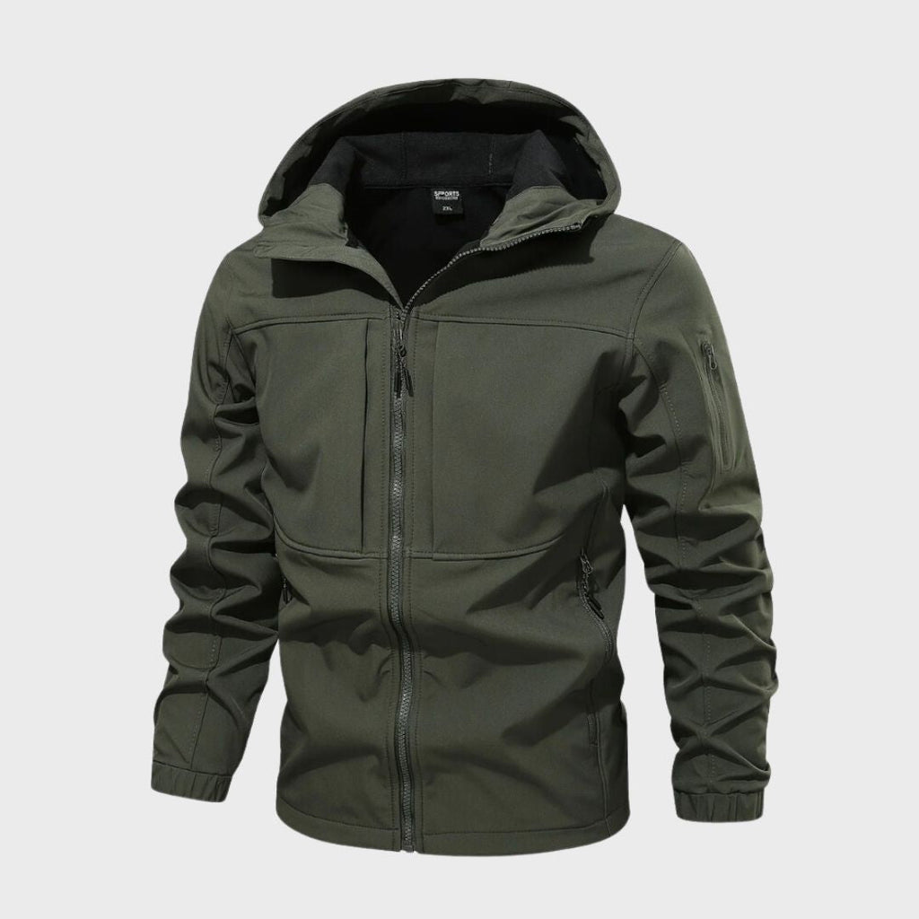 Mens softshell jacket in Olive with attached hood and sleeve pocket
