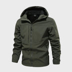 Mens softshell jacket in Olive with attached hood and sleeve pocket