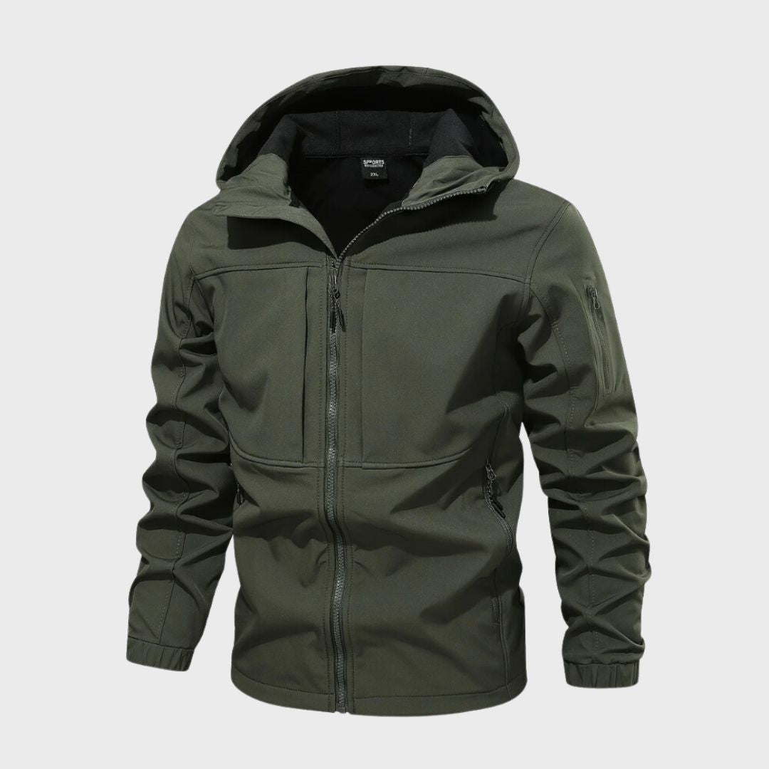 Mens softshell jacket in Olive with attached hood and sleeve pocket