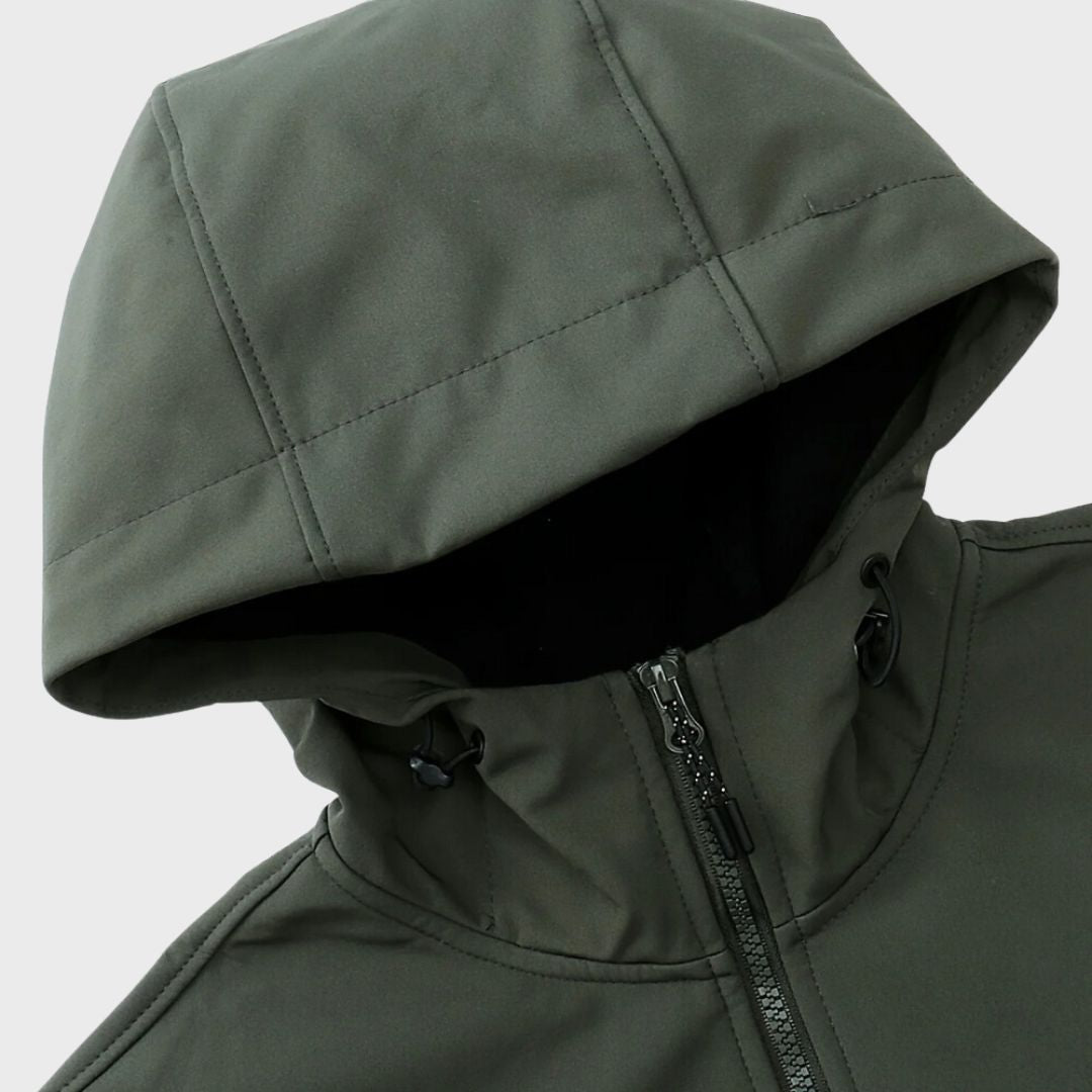 Softshell jacket in Olive, close-up of the lined hood and zip