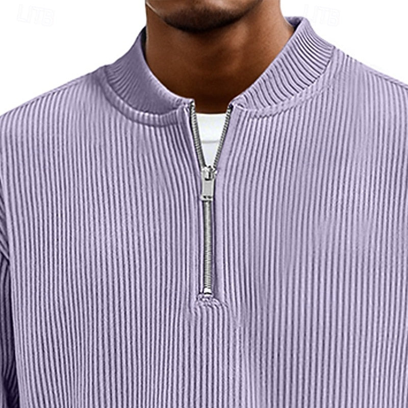 Stand Collar Quarter Zip Sweater for Men in Ribbed Knit