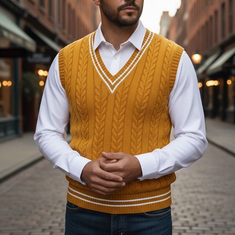 Cable knit sweater vest for men with v neck