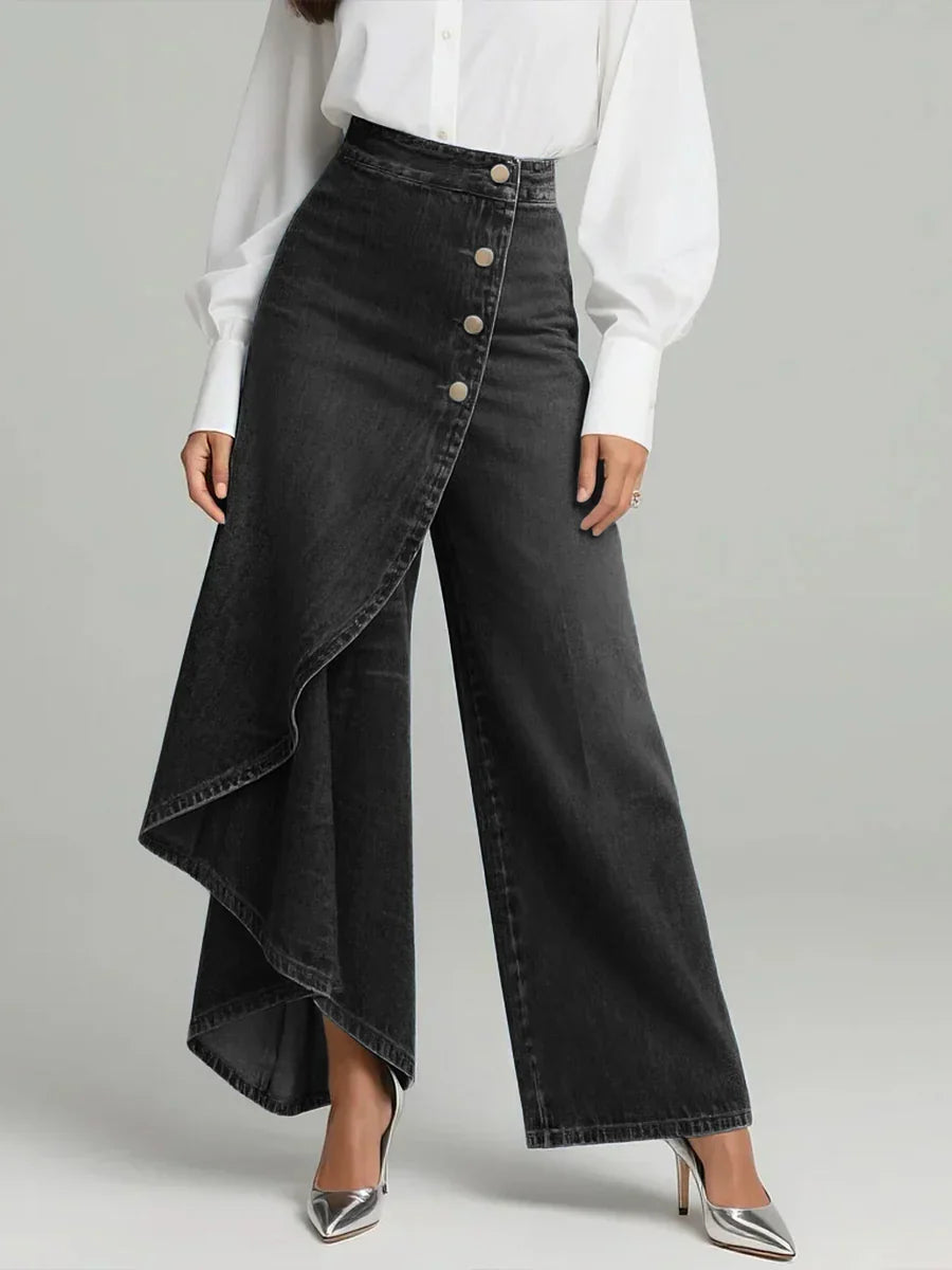 Womens wide leg jeans in Black, front view with offset buttons and cascade panel