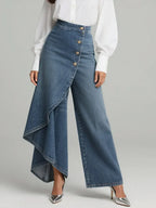 Womens wide leg jeans in Blue, front view with offset buttons and cascade panel