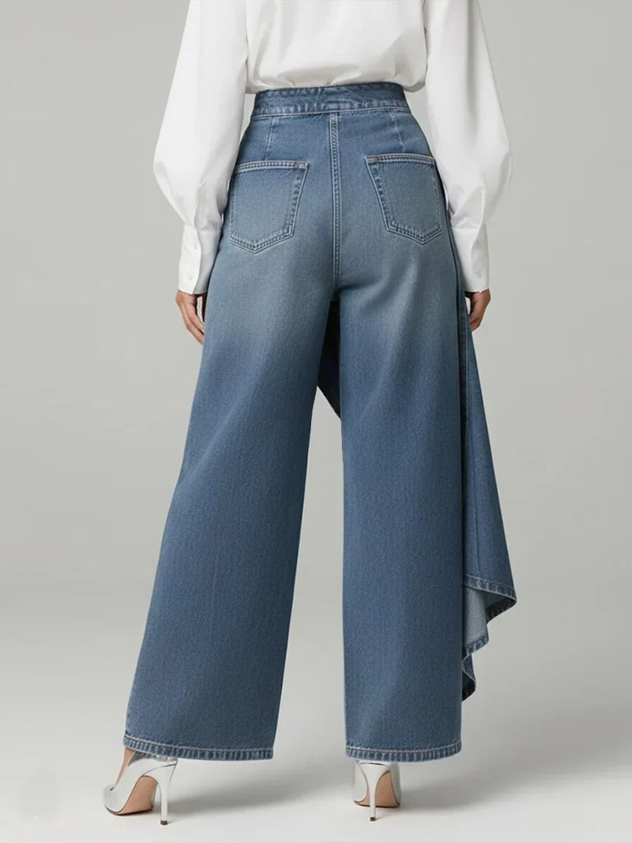 Womens wide leg jeans in Blue, back view with patch pockets