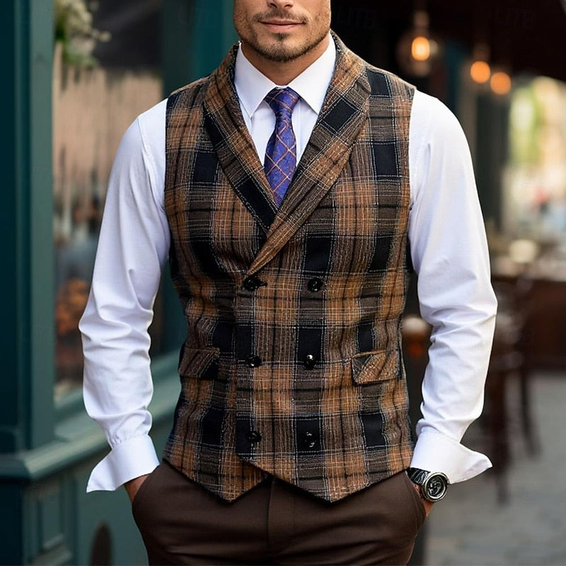 Khaki plaid Dress Vest for Men