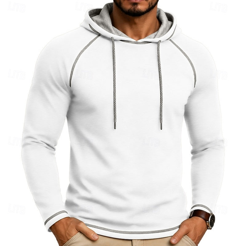 Mens pullover hoodie in White with contrast stitching, worn
