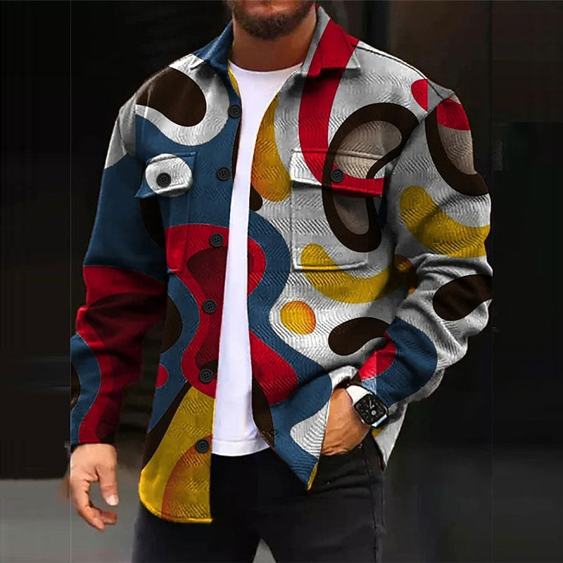 Gray Multicolor abstract Print Overshirt for Men with Chest Pockets