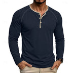 Mens henley shirt in Blue, worn on model
