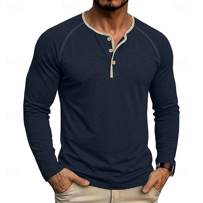 Mens henley shirt in Blue, worn on model