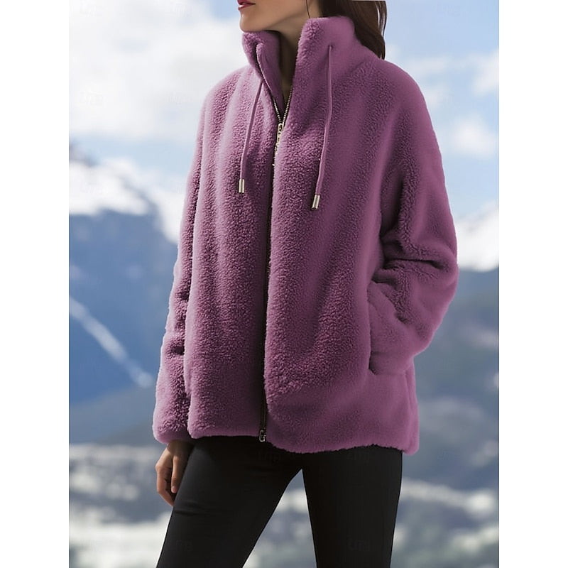Womens fleece jacket in Purple teddy pile with stand collar