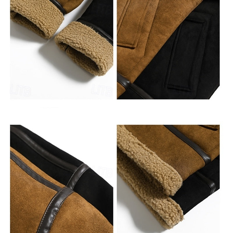 Faux Shearling Aviator Jacket for Men with Wide Collar