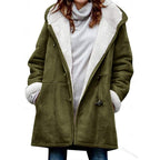 Womens winter coat in Olive with sherpa lined hood and toggles
