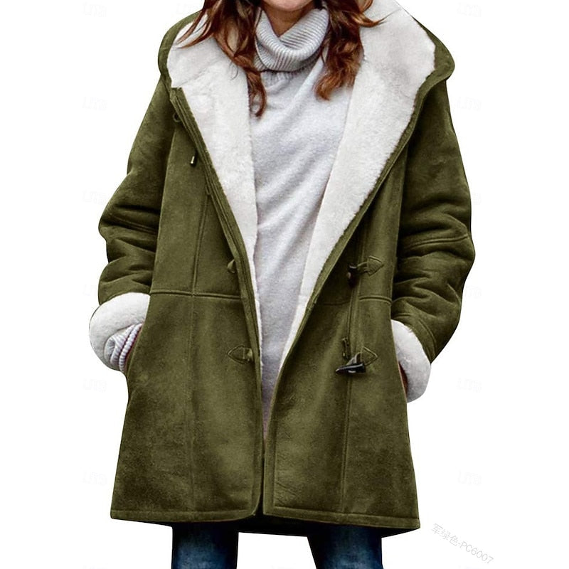 Womens winter coat in Olive with sherpa lined hood and toggles