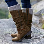 Womens slouch boots in Brown with knit cuff and buckle strap