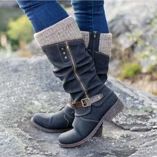 Womens slouch boots in Black with knit cuff, side zip and buckle strap