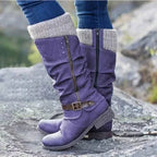 Womens slouch boots in Purple with knit cuff and buckle strap