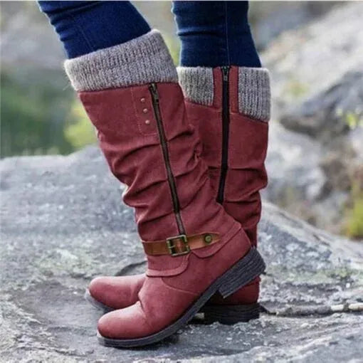 Womens slouch boots in Red with knit cuff and buckle strap