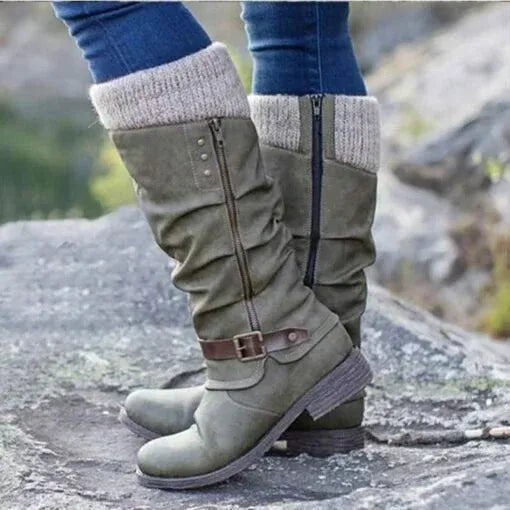 Womens slouch boots in Gray with knit cuff and buckle strap