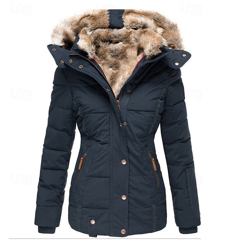 Womens puffer jacket in Navy with faux fur lined hood, shaped waist