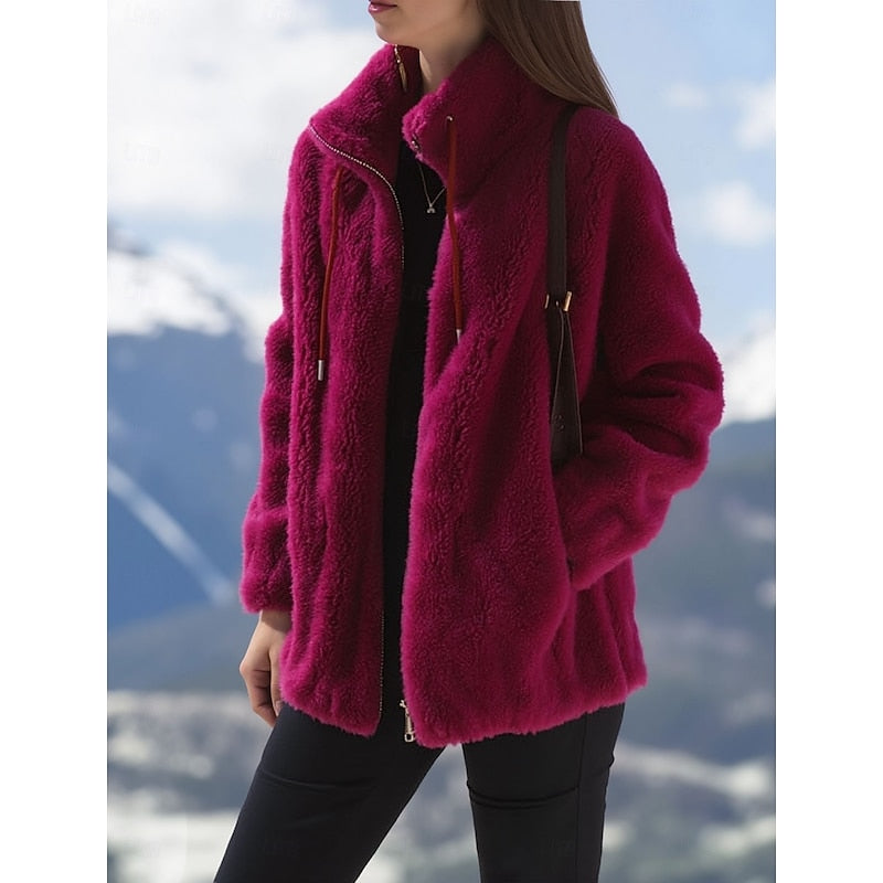 Womens fleece jacket in Red teddy pile, full zip and stand collar