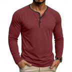 Mens henley shirt in Red, worn with khaki pants