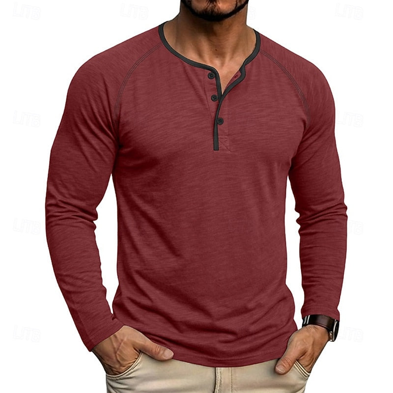 Mens henley shirt in Red, worn on model