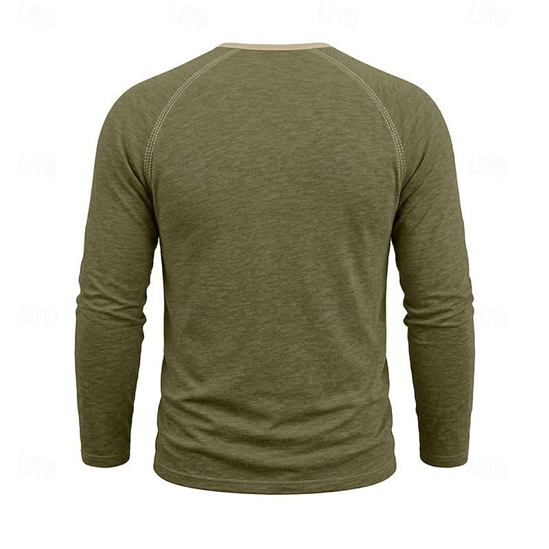 Mens henley shirt in Army Green, back view