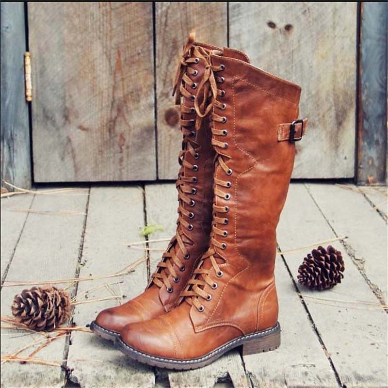 Womens knee high boots in Brown with full lace up front and buckle strap
