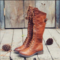 Womens knee high boots in Brown with full lace up front and buckle strap