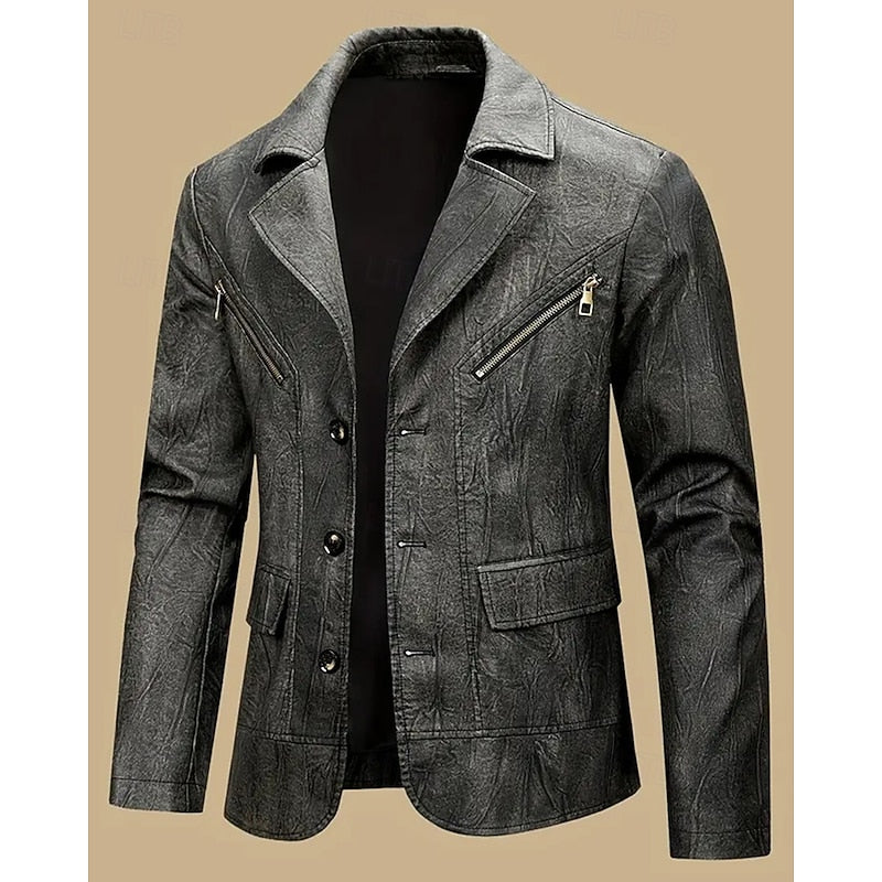 Faux Leather Blazer for Men with Button Front