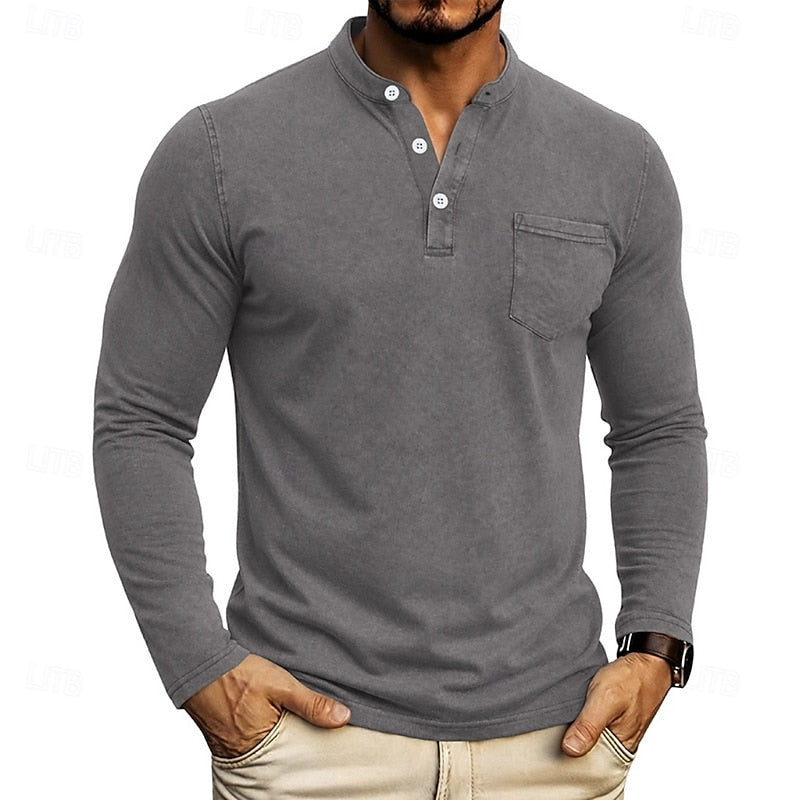 Chest Pocket Henley Shirt for Men in Dark Gray