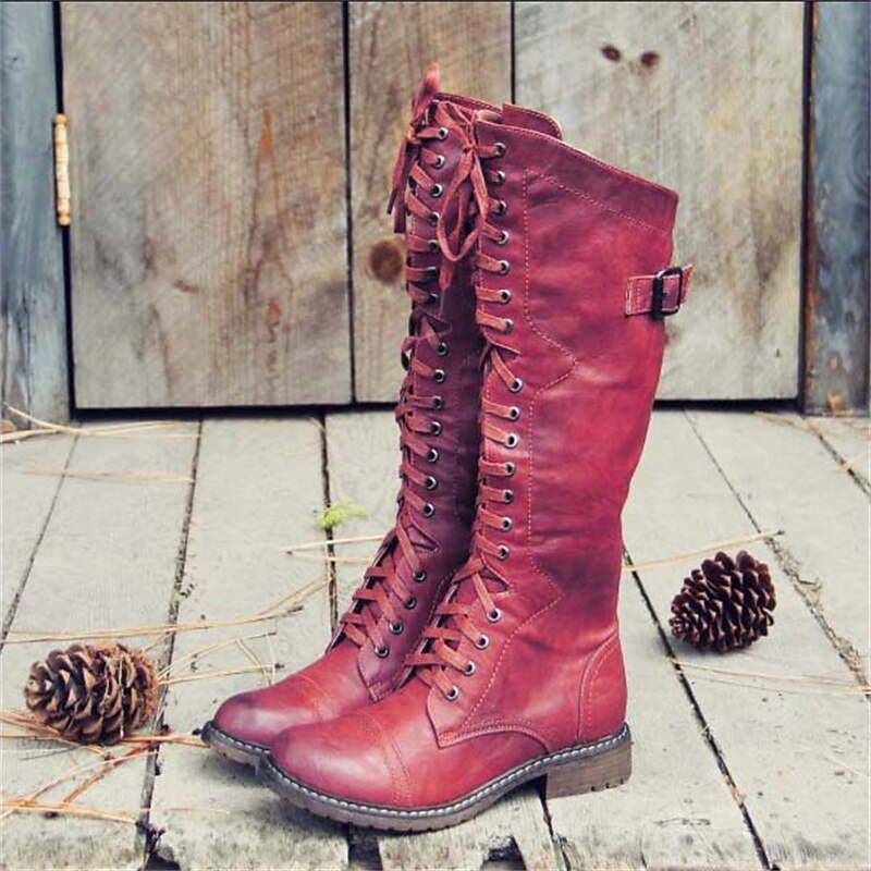 Womens knee high boots in Red with full lace up front and buckle strap