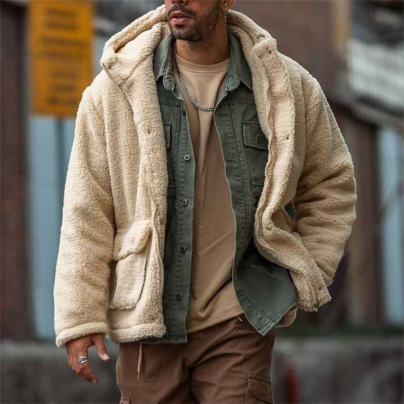 Cream hooded Sherpa Jacket for Men