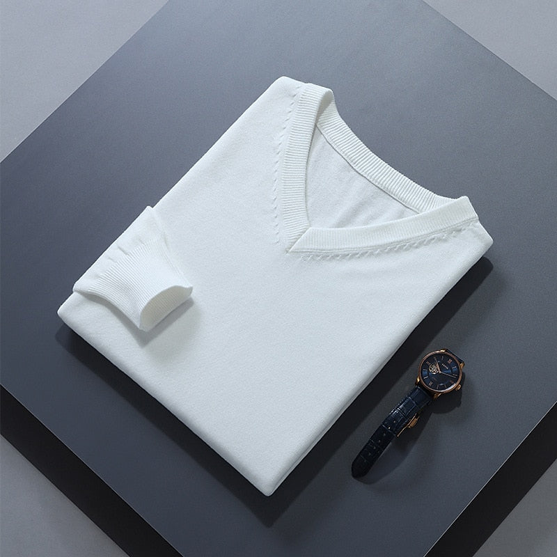 White soft Brushed V Neck Sweater for Men