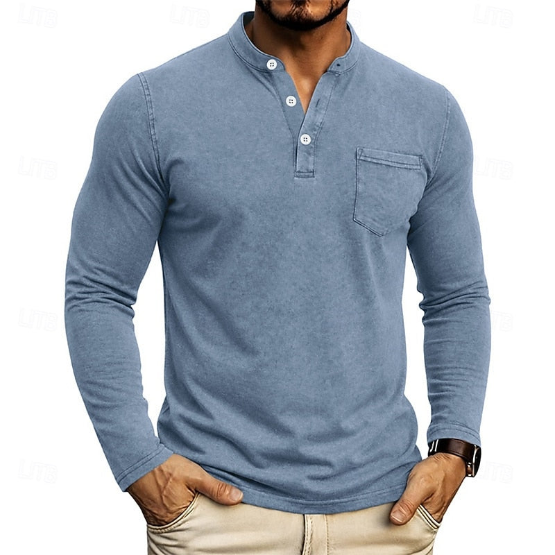 Chest Pocket Henley Shirt for Men in Navy