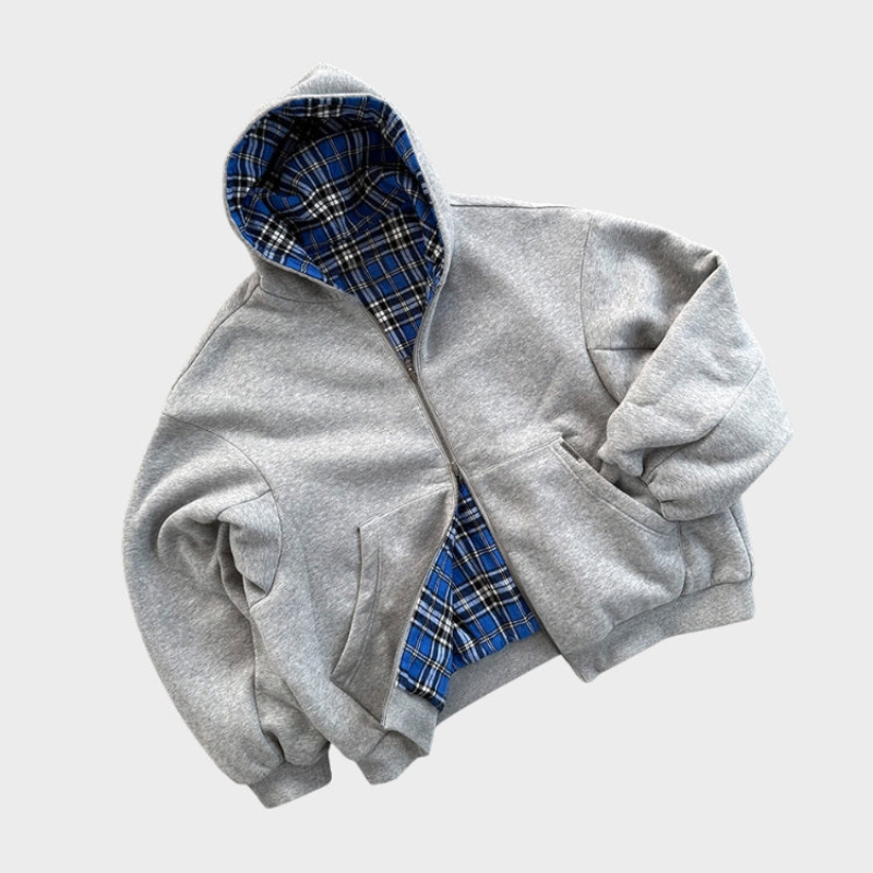 Oversized hoodie for men, open front showing the solid side and the plaid reverse
