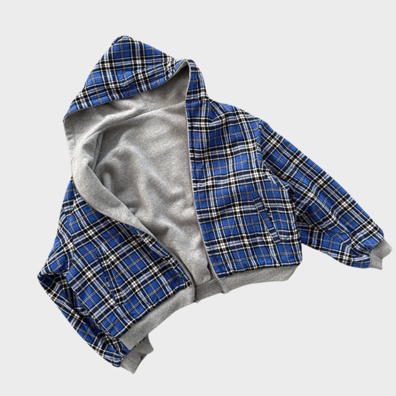 Oversized hoodie for men, turned to show the plaid face and the contrast hood