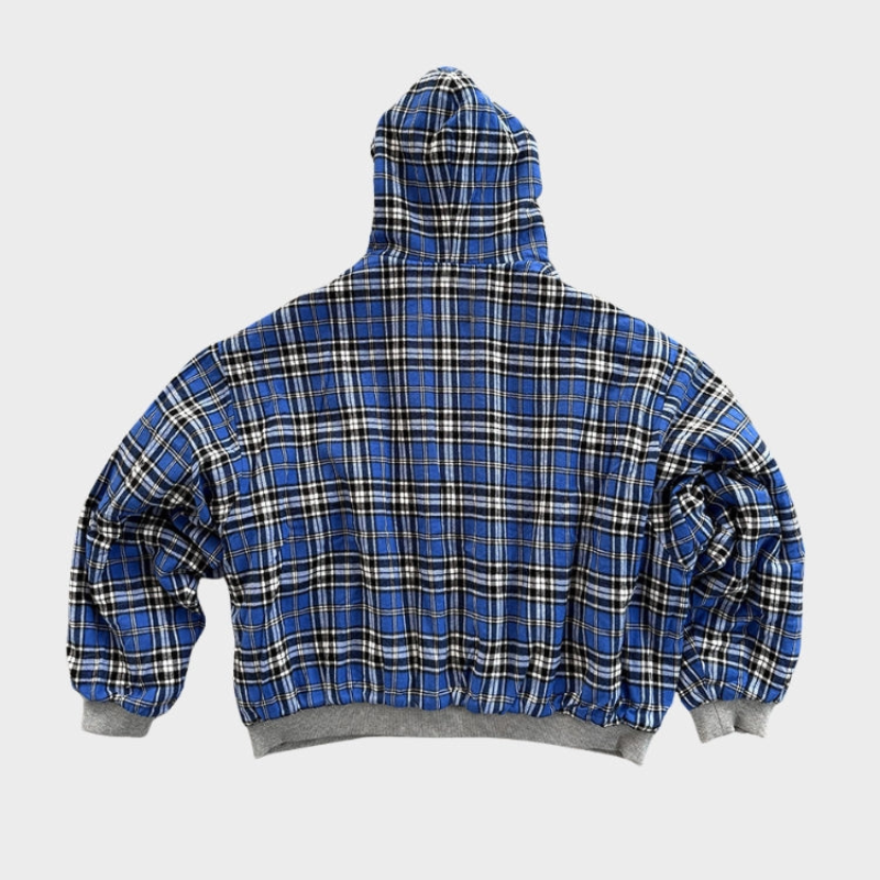 Oversized hoodie for men, back view of the plaid face