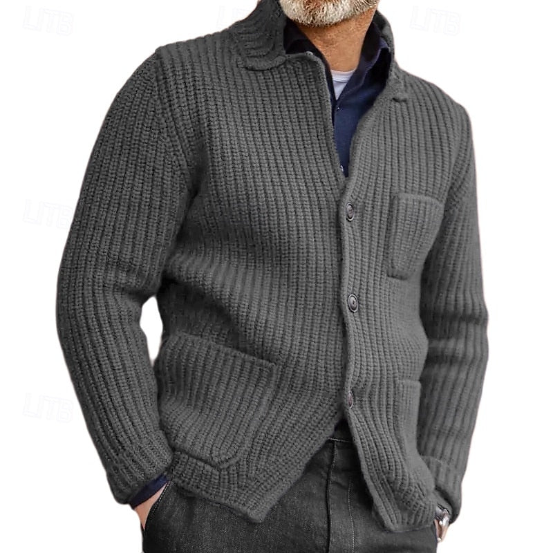 Mens cardigan in Gray with button front and three patch pockets, front view