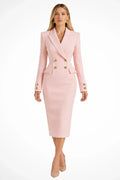 Womens blazer dress with gold buttons in Pink, midi length, front view