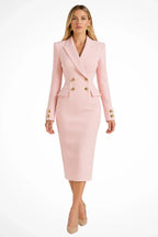Womens blazer dress with gold buttons in Pink, midi length, front view