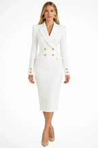 Womens blazer dress with gold buttons in White, midi length, front view