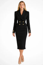 Womens blazer dress with gold buttons in Black, midi length, front view