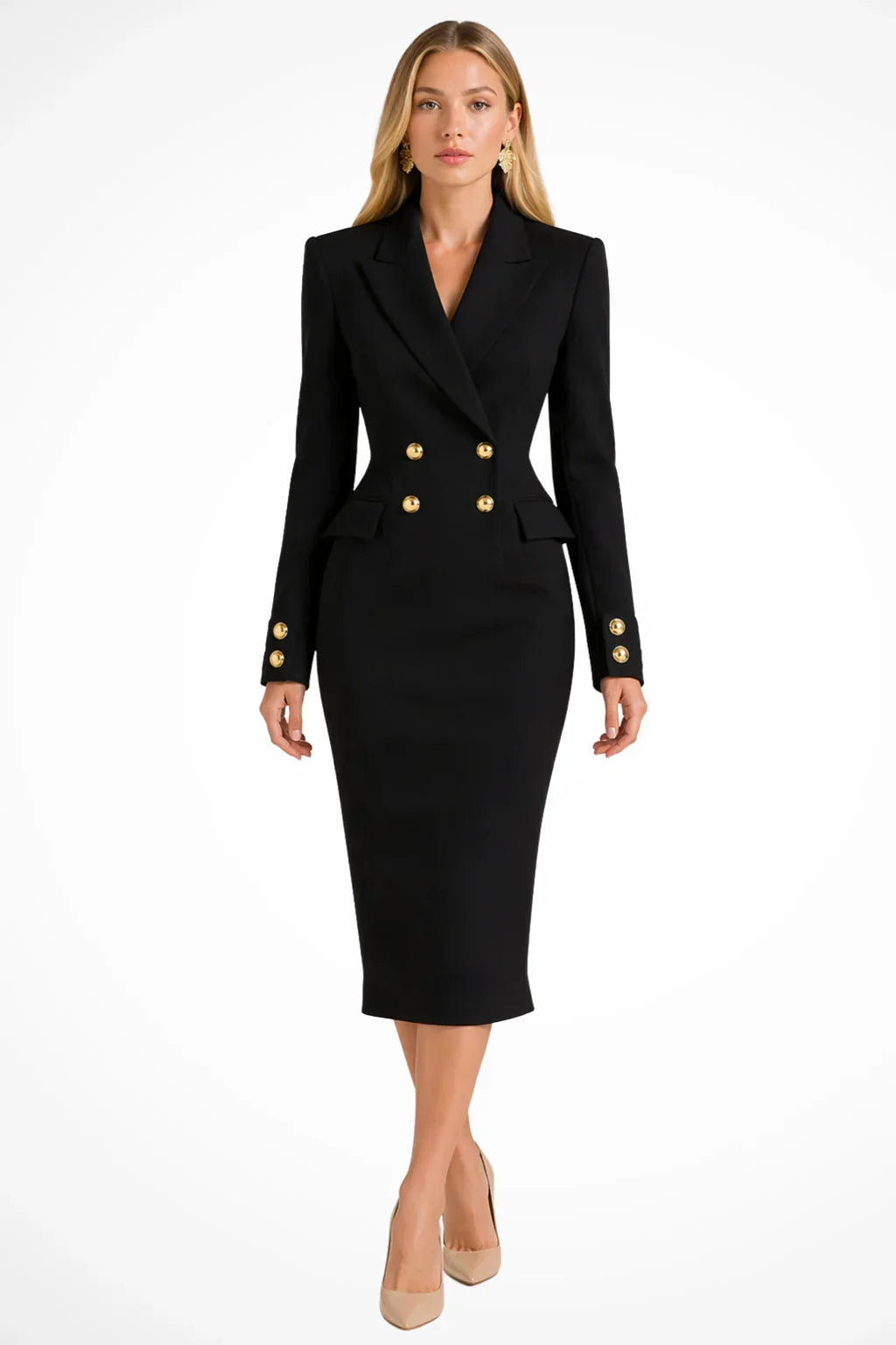 Womens blazer dress with gold buttons in Black, midi length, front view
